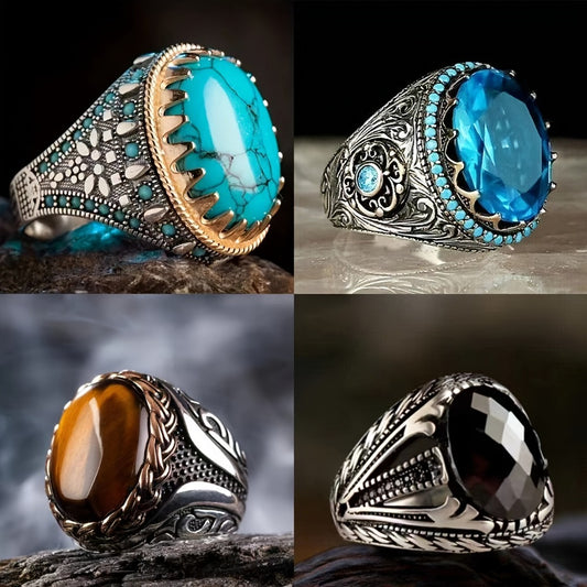 Stackable Rings for Women - Men's Cocktail Set 4pcs - Black Carved Faux Gem Business , Stacking Band - main product view