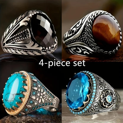 Stackable Rings for Women - Men's Cocktail Set 4pcs - Black Carved Faux Gem Business , Stacking Band - product detail view 5