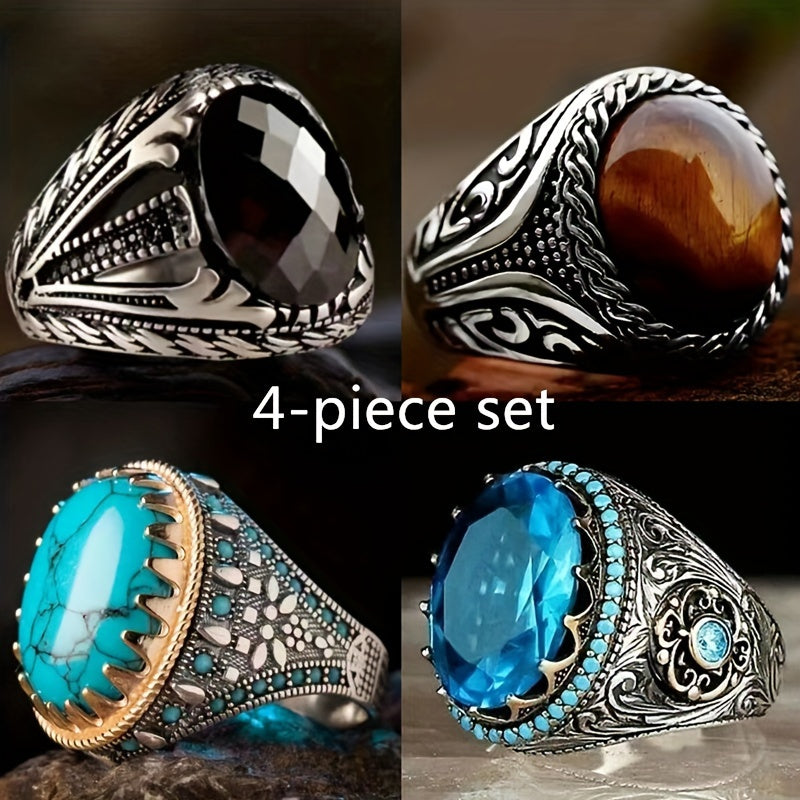 Stackable Rings for Women - Men's Cocktail Set 4pcs - Black Carved Faux Gem Business , Stacking Band - product detail view 13