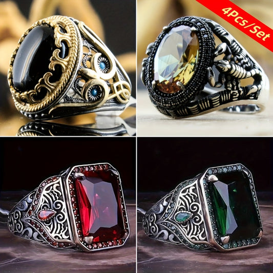 Stackable Rings for Women - Men's Ring Set 4 Pieces Punk Hip Hop Vintage Hand Carved Alloy Zirconia - main product view