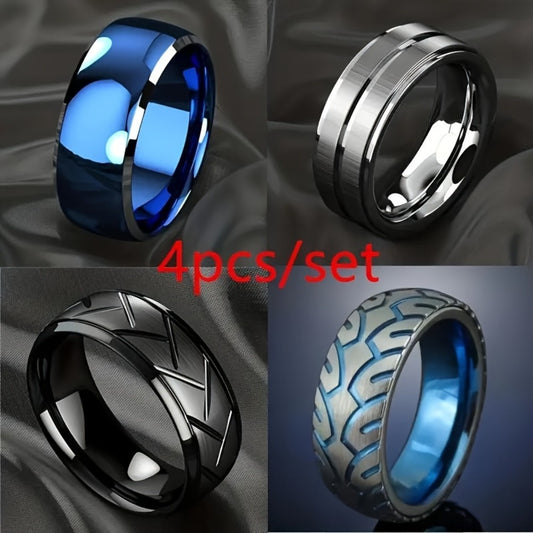 Stackable Rings for Women - Men's Ring Set 4 Pieces Stainless Steel Tire Pattern Blue Black - main product view