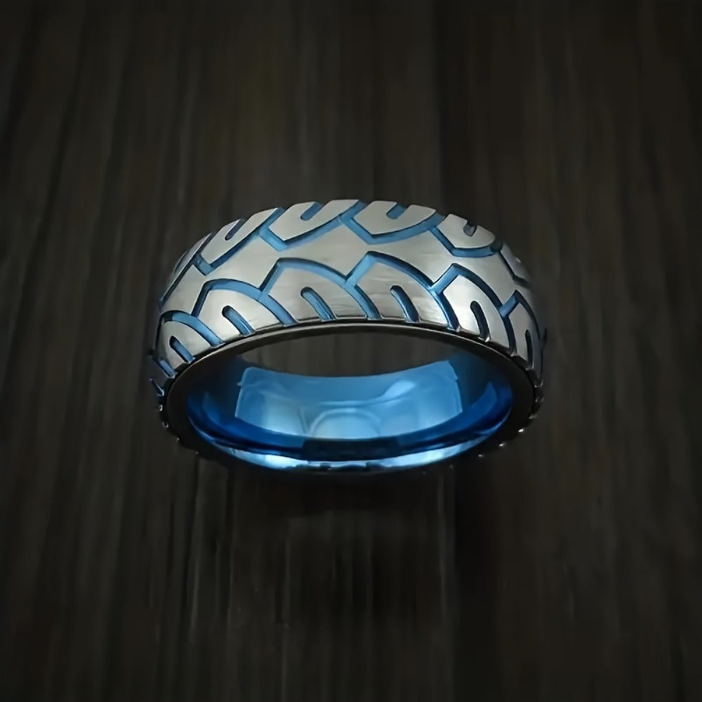Stackable Rings for Women - Men's Ring Set 4 Pieces Stainless Steel Tire Pattern Blue Black - product detail view 5