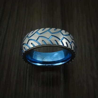 Stackable Rings for Women - Men's Ring Set 4 Pieces Stainless Steel Tire Pattern Blue Black - product detail view 5