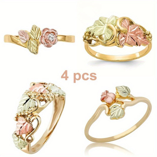 Stackable Rings for Women - Stainless Steel Leaf Ring Set 4 Pieces Exquisite Nature-Inspired for - main product view