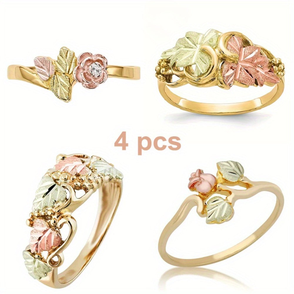 Stackable Rings for Women - Stainless Steel Leaf Ring Set 4 Pieces Exquisite Nature-Inspired for - product detail view 3