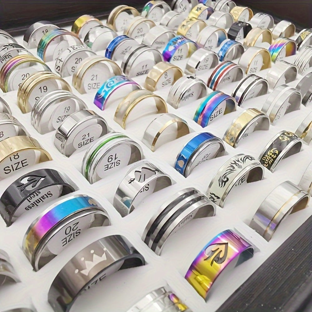 Stackable Rings for Women - Stainless Steel Ring Set 100 Pieces Wholesale Mixed Style Band Heart - main product view