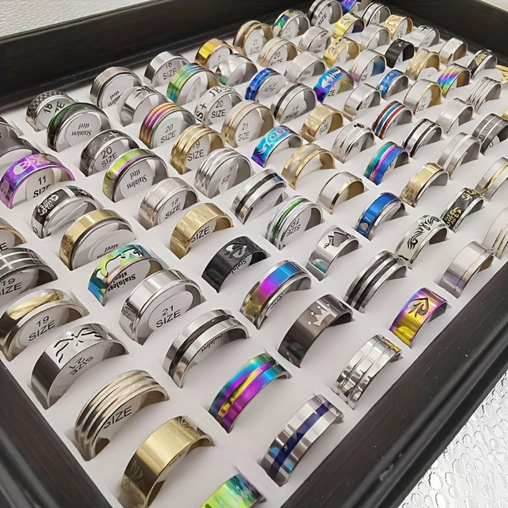 Stackable Rings for Women - Stainless Steel Ring Set 100 Pieces Wholesale Mixed Style Band Heart - product detail view 4