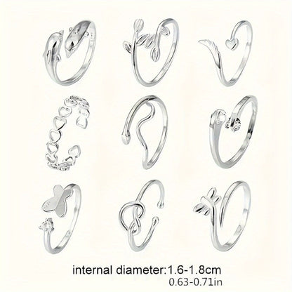 Stackable Rings for Women - Toe Ring Set for 9Pcs S925 Sterling Silver Adjustable Butterfly Snake - product detail view 5