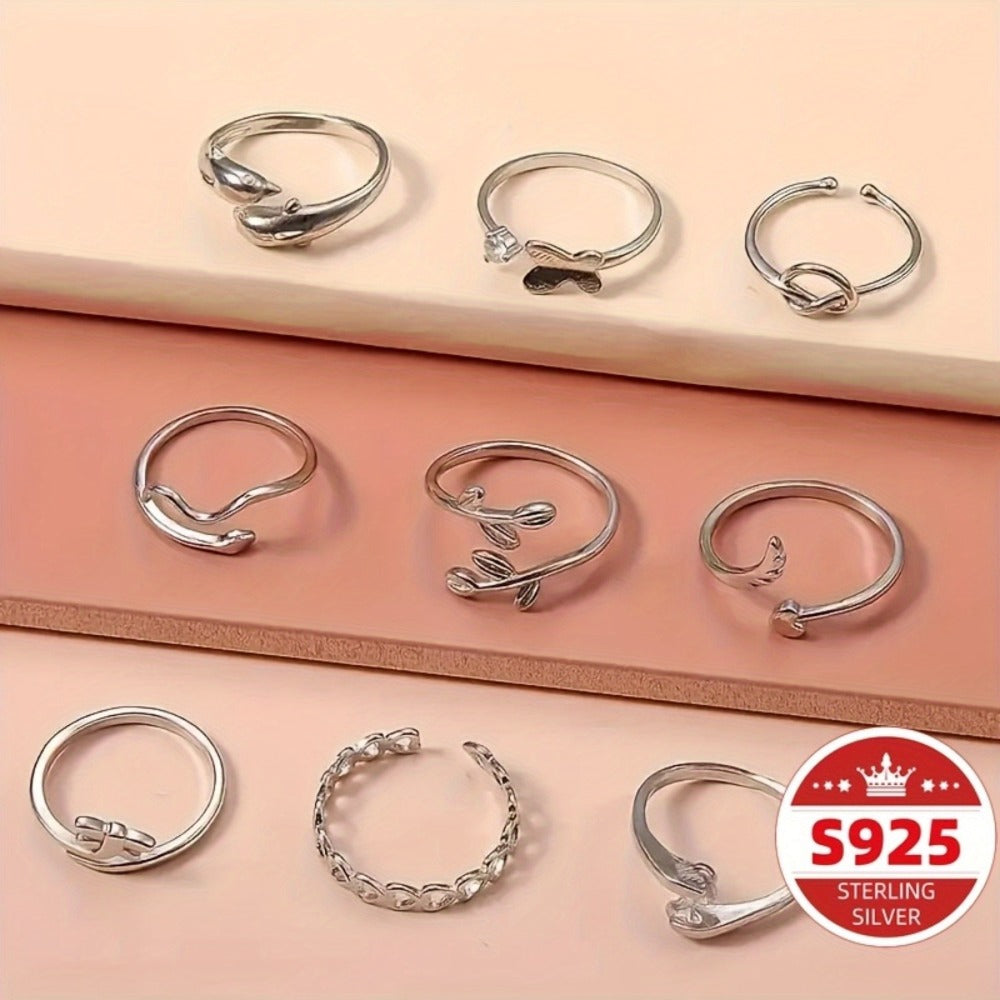 Stackable Rings for Women - Toe Ring Set for 9Pcs S925 Sterling Silver Adjustable Butterfly Snake - product detail view 6