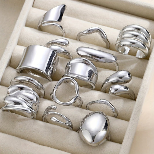 Stackable Rings for Women - Wide Band Ring Set 14pcs Silvery Gray Statement CCB Exaggerated Glamorous - main product view