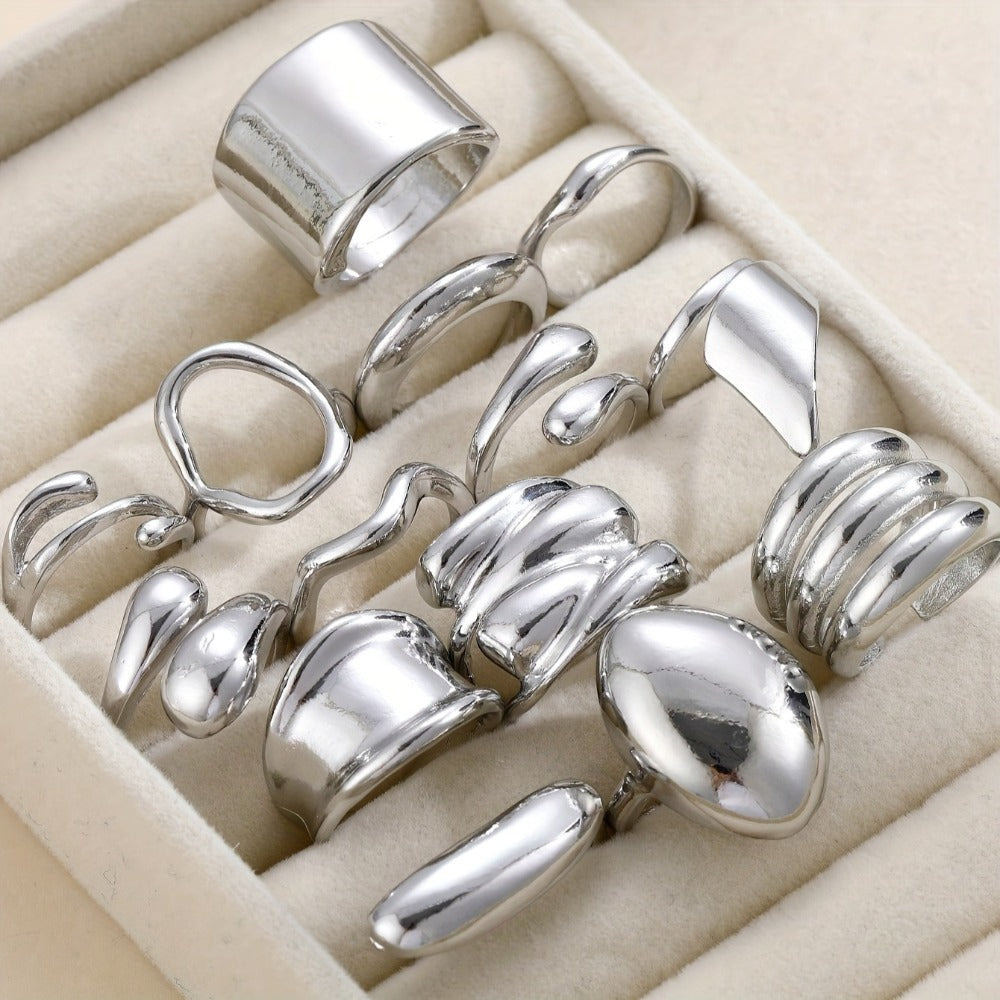 Stackable Rings for Women - Wide Band Ring Set 14pcs Silvery Gray Statement CCB Exaggerated Glamorous - product detail view 2