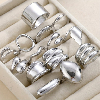 Stackable Rings for Women - Wide Band Ring Set 14pcs Silvery Gray Statement CCB Exaggerated Glamorous - product detail view 2