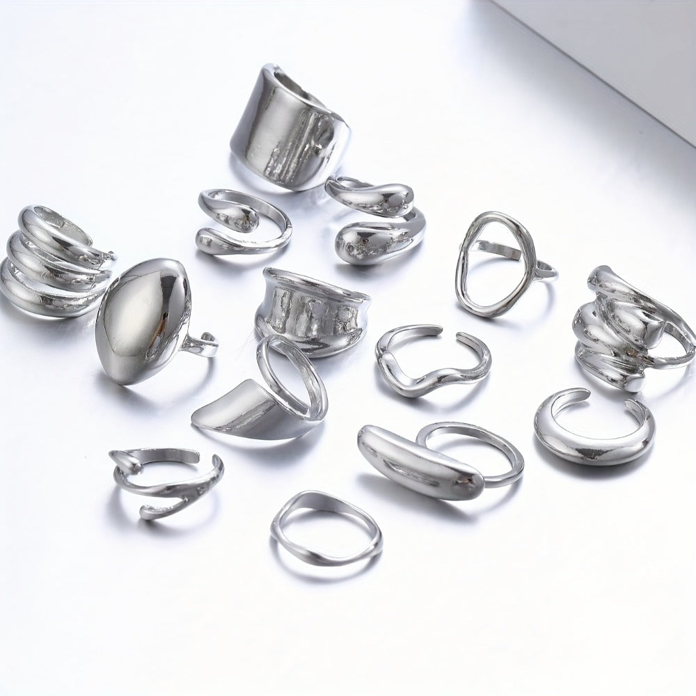 Stackable Rings for Women - Wide Band Ring Set 14pcs Silvery Gray Statement CCB Exaggerated Glamorous - product detail view 3