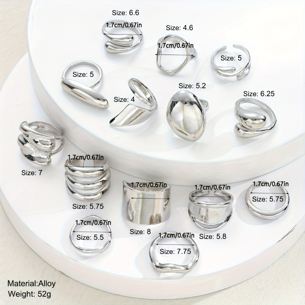 Stackable Rings for Women - Wide Band Ring Set 14pcs Silvery Gray Statement CCB Exaggerated Glamorous - product detail view 4