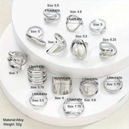 Stackable Rings for Women - Wide Band Ring Set 14pcs Silvery Gray Statement CCB Exaggerated Glamorous - product detail view 4