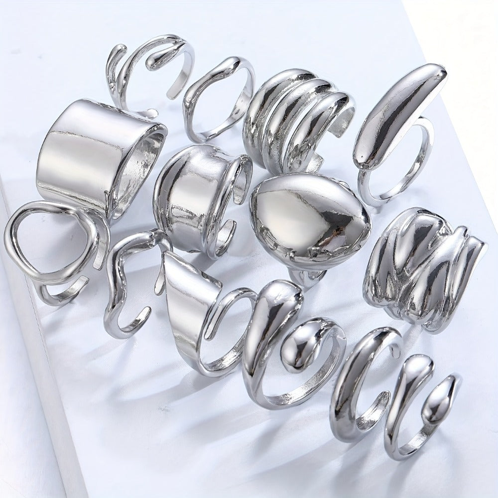 Stackable Rings for Women - Wide Band Ring Set 14pcs Silvery Gray Statement CCB Exaggerated Glamorous - product detail view 5