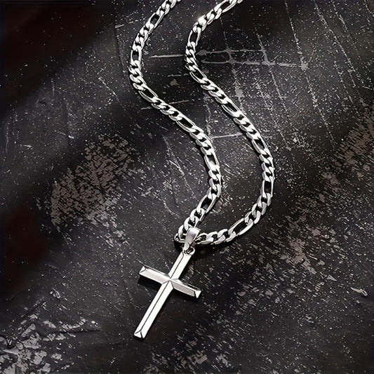 Sterling Silver Cross Necklace - 925 Silver Cross Pendant, Figaro Chain - main product view