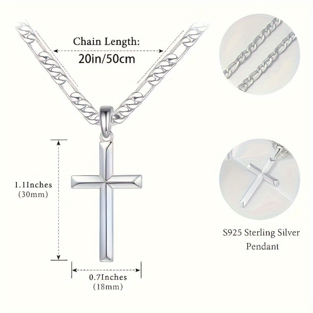 Sterling Silver Cross Necklace - 925 Silver Cross Pendant, Figaro Chain - size chart Chain Length: 20in/50cm