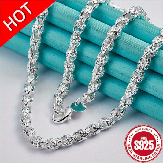 Sterling Silver Necklace - 925 Silver Bamboo Link, Textured Chain - 925 silver detail