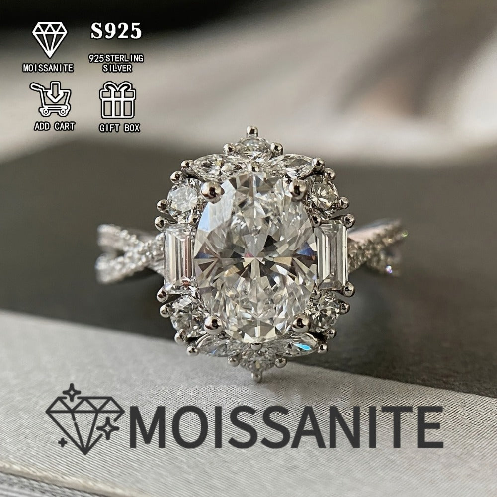 Sterling Silver Ring for Women - 925 Silver Oval Halo, Clear Stone Statement - 925 silver detail