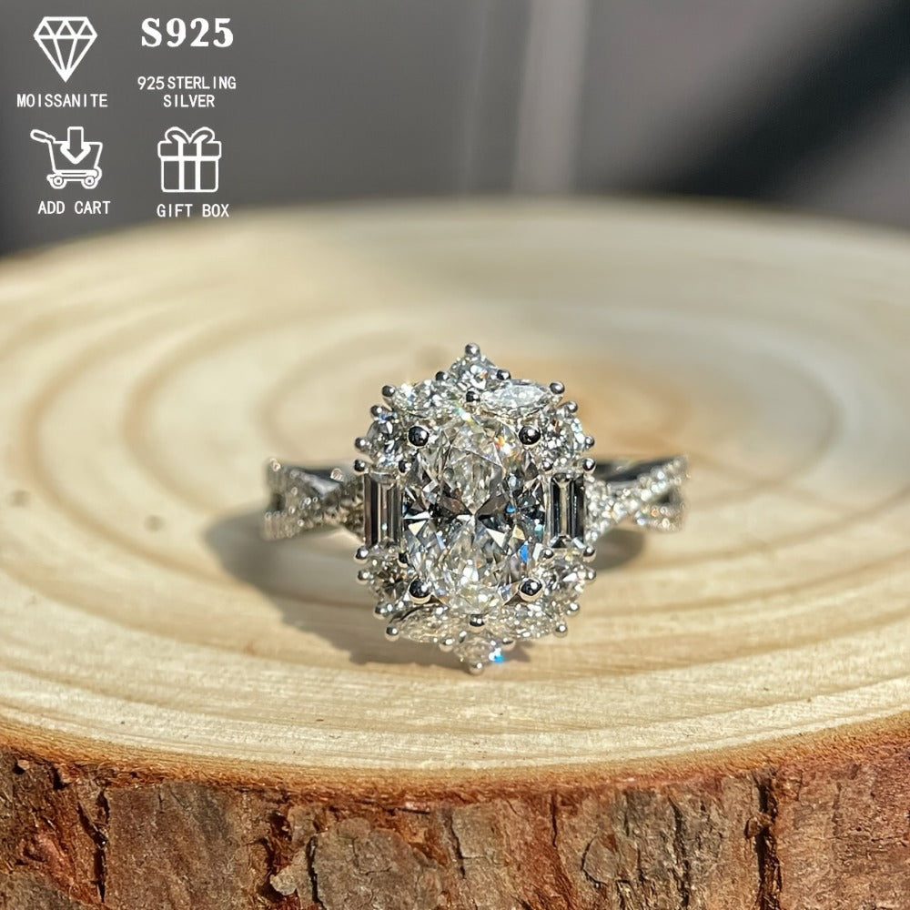 Sterling Silver Ring for Women - 925 Silver Oval Halo, Clear Stone Statement - 925 silver detail
