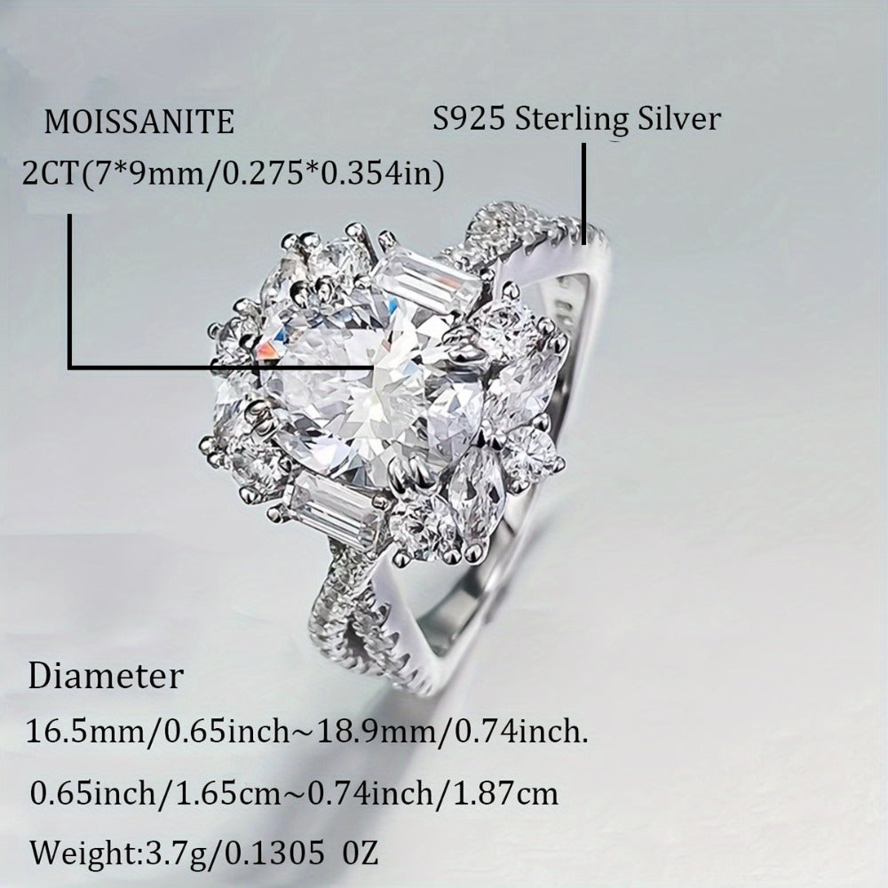 Sterling Silver Ring for Women - 925 Silver Oval Halo, Clear Stone Statement - size chart MOISSANITE S925Sterling Silver