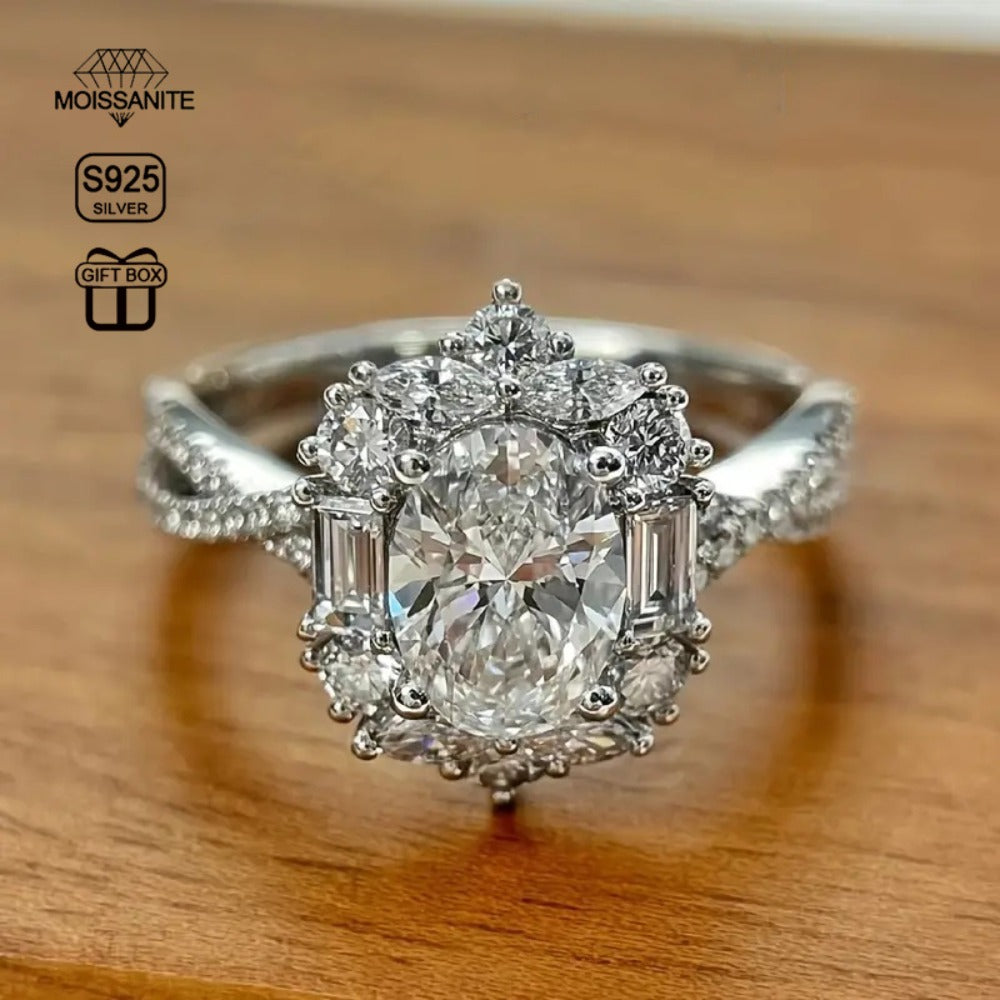 Sterling Silver Ring for Women - 925 Silver Oval Halo, Clear Stone Statement - 925 silver detail
