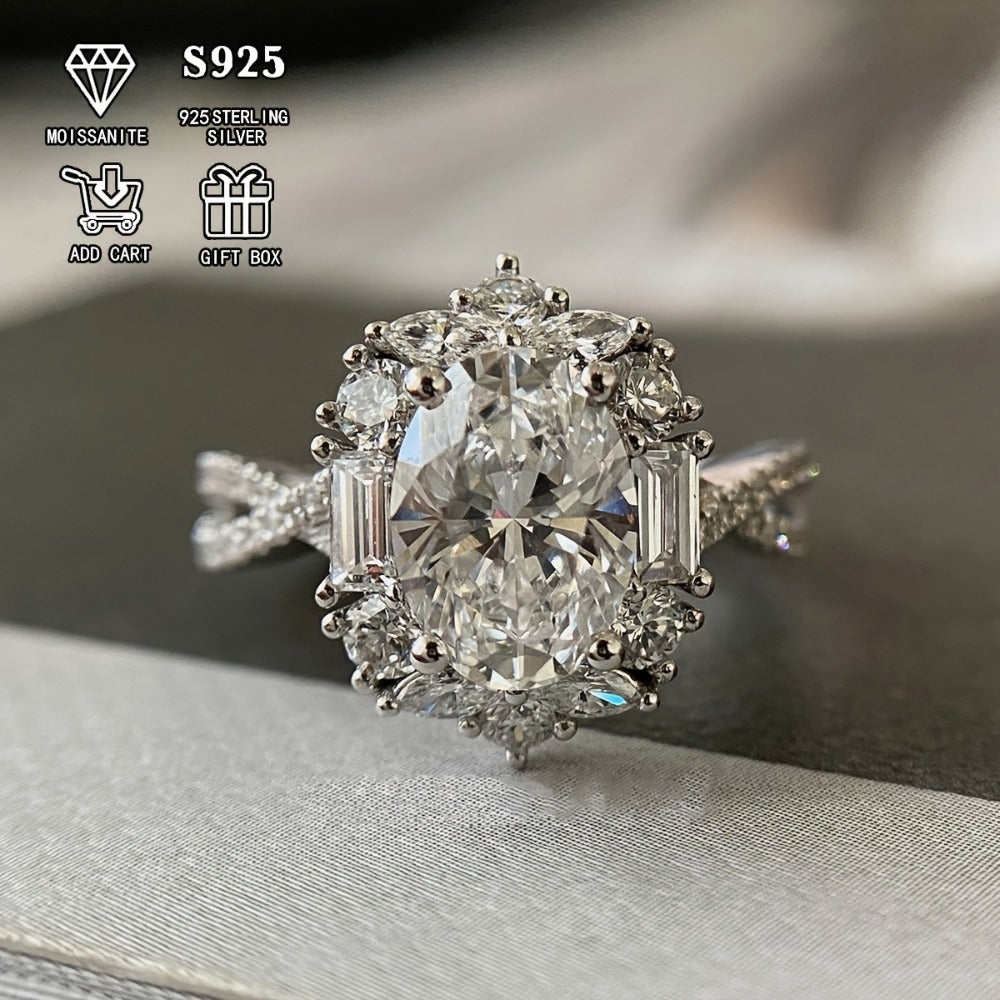 Sterling Silver Ring for Women - 925 Silver Oval Halo, Clear Stone Statement - 925 silver detail