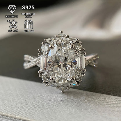 Sterling Silver Ring for Women - 925 Silver Oval Halo, Clear Stone Statement - 925 silver detail