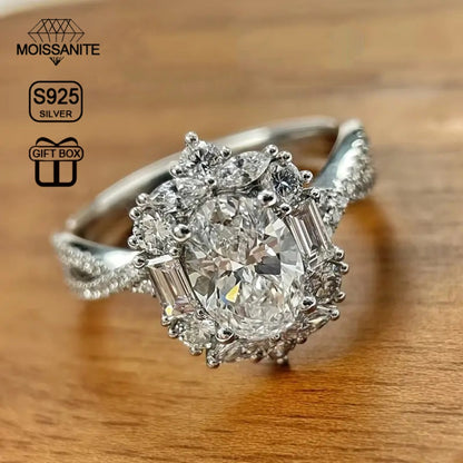 Sterling Silver Ring for Women - 925 Silver Oval Halo, Clear Stone Statement - 925 silver detail