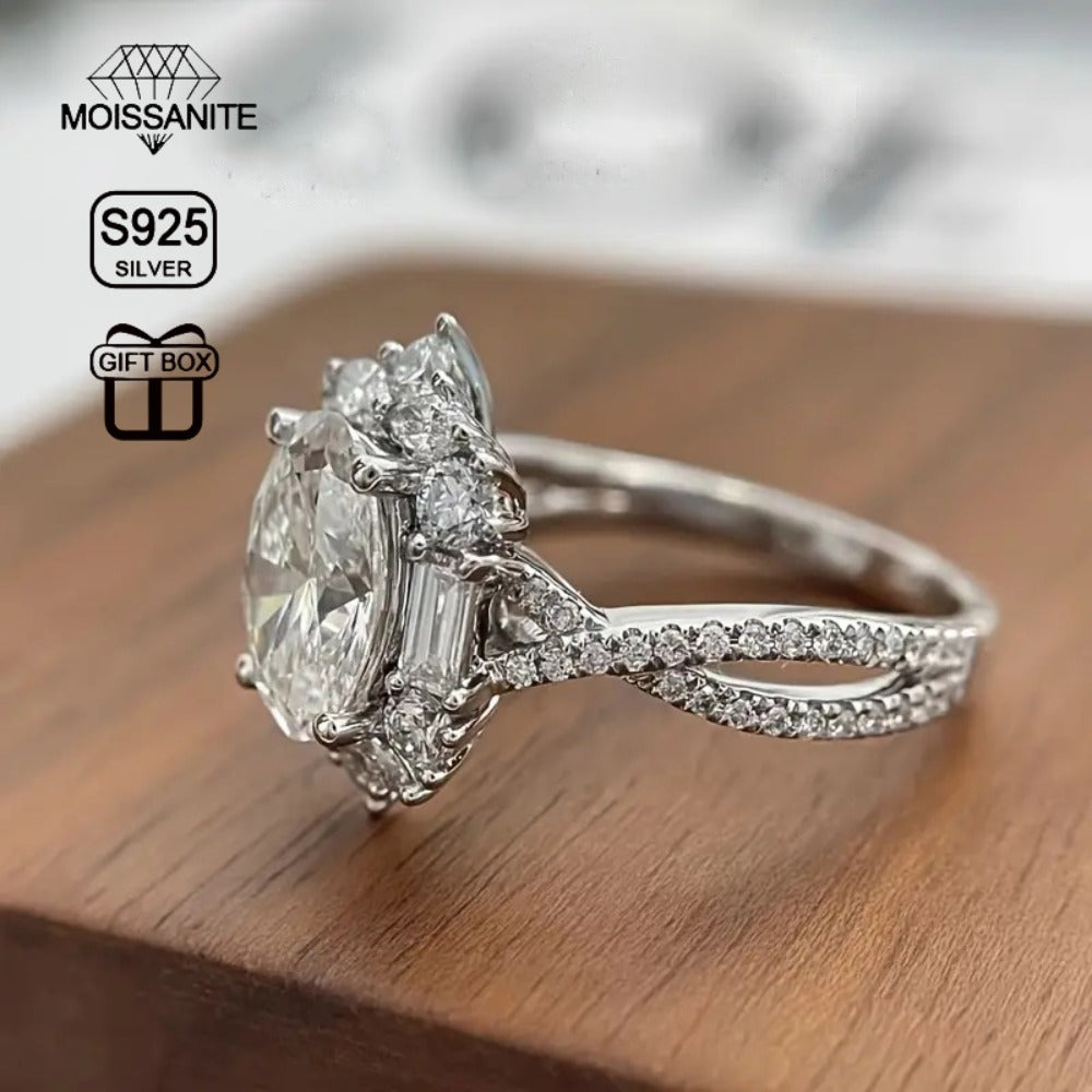 Sterling Silver Ring for Women - 925 Silver Oval Halo, Clear Stone Statement - 925 silver detail