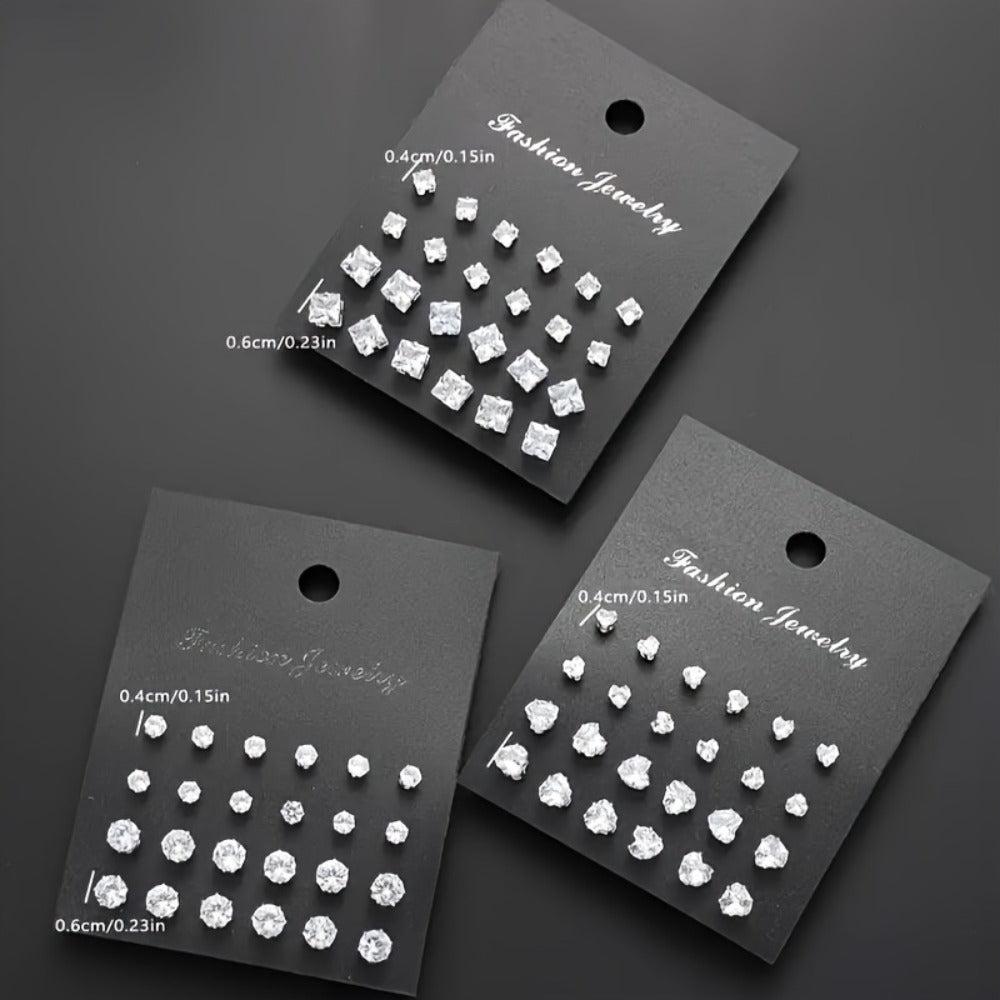 Stud Earrings for Women - 925 Silver Stud Set, 36 Assorted Pairs - size chart 0.4cm/0.15in 0.6cm/0.23in
