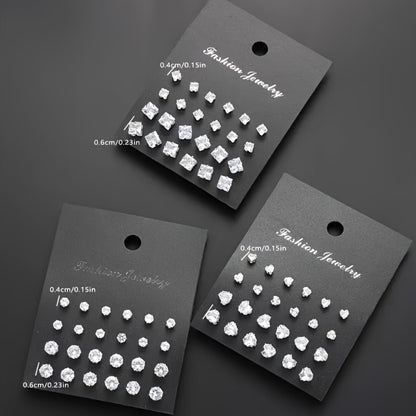 Stud Earrings for Women - 925 Silver Stud Set, 36 Assorted Pairs - size chart 0.4cm/0.15in 0.6cm/0.23in