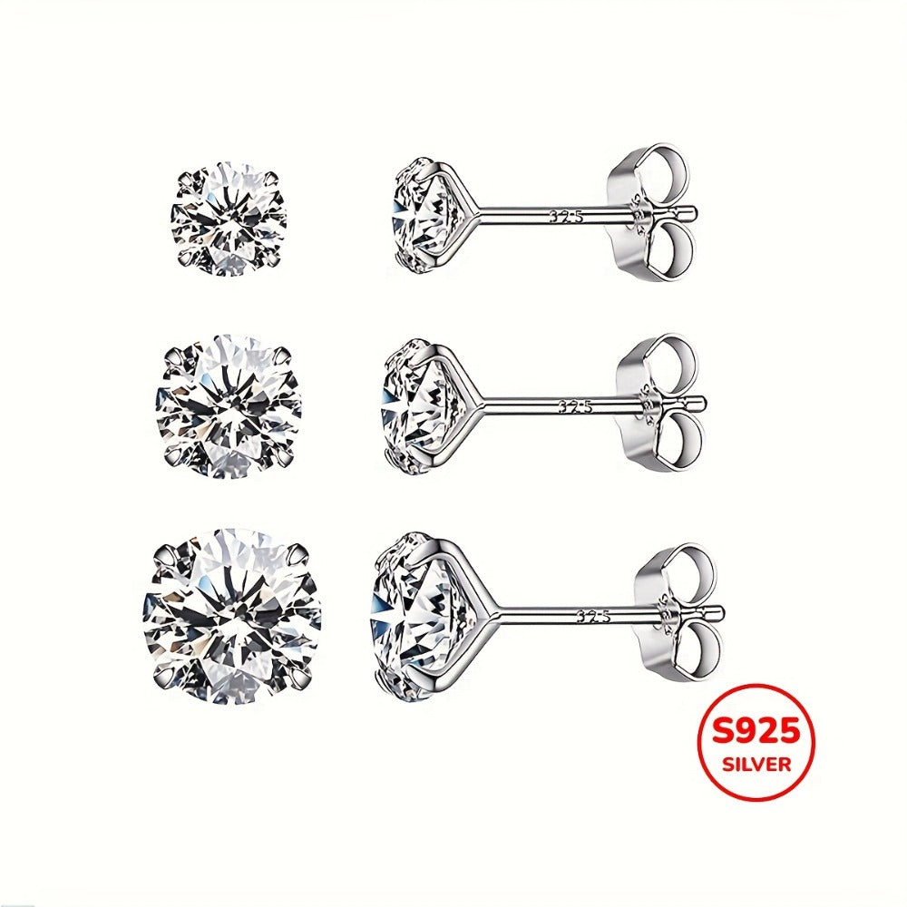 Stud Earrings for Women - 925 Sterling Silver Round Set 3 Pairs 4mm 5mm 6mm Hypoallergenic - main product view