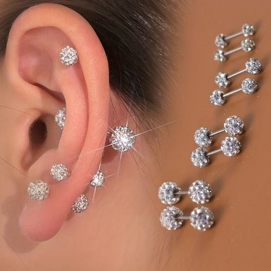 Stud Earrings for Women - 925 Sterling Silver Zirconia Ball Set 4 Pieces Spherical CZ Inlay for - main product view