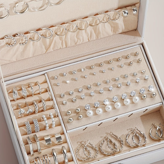 Stud Earrings for Women - Earring Set for 102pcs - Geometric Rhinestone Hoop & Twisted Loop , Light - main product view