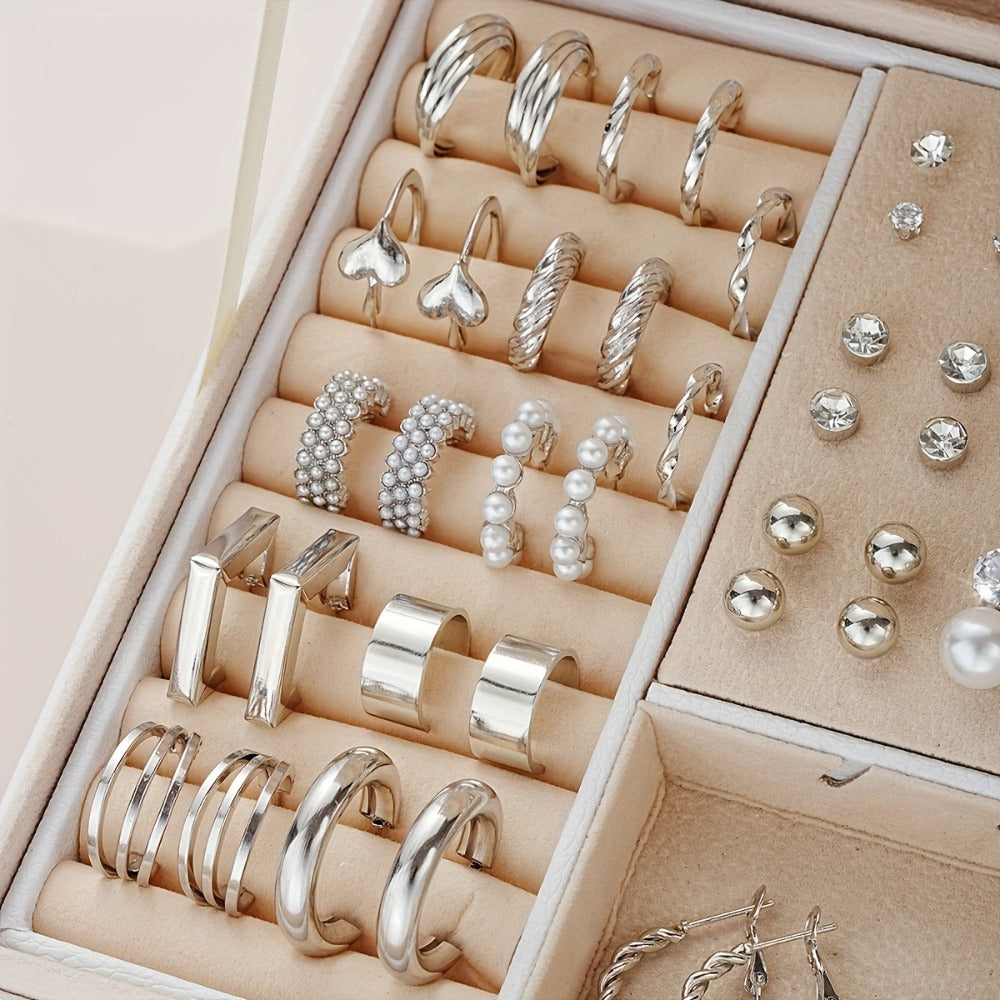 Stud Earrings for Women - Earring Set for 102pcs - Geometric Rhinestone Hoop & Twisted Loop , Light - product detail view 7