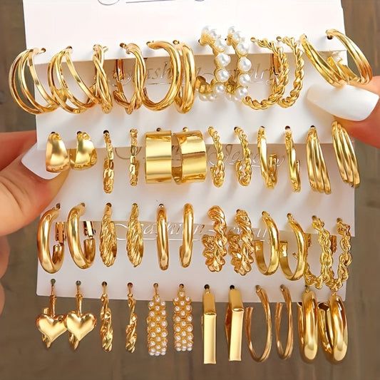 Stud Earrings for Women - Earring Set 48 Pairs Gold Geometric Twisted Heart Faux Pearl for Assorted - main product view