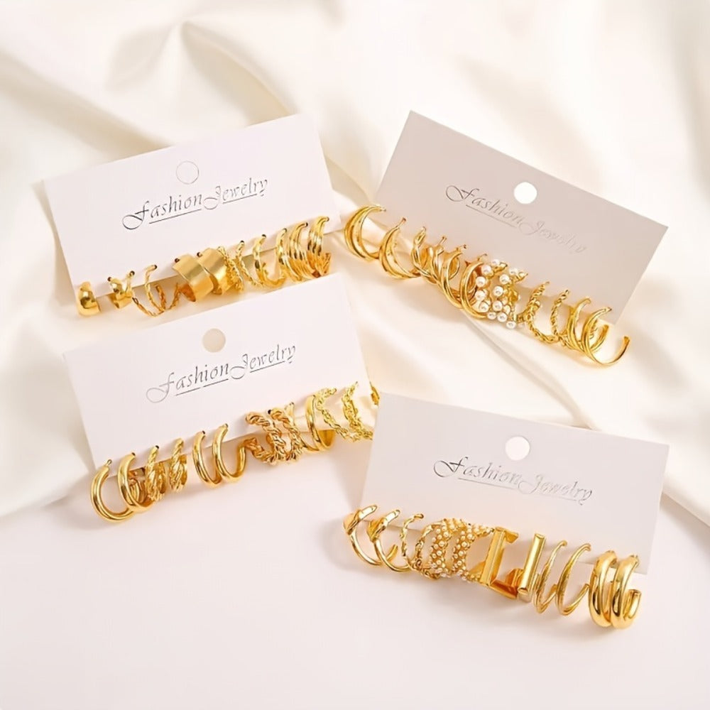 Stud Earrings for Women - Earring Set 48 Pairs Gold Geometric Twisted Heart Faux Pearl for Assorted - product detail view 3