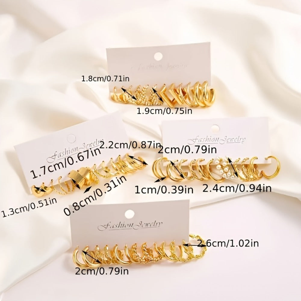 Stud Earrings for Women - Earring Set 48 Pairs Gold Geometric Twisted Heart Faux Pearl for Assorted - product detail view 4
