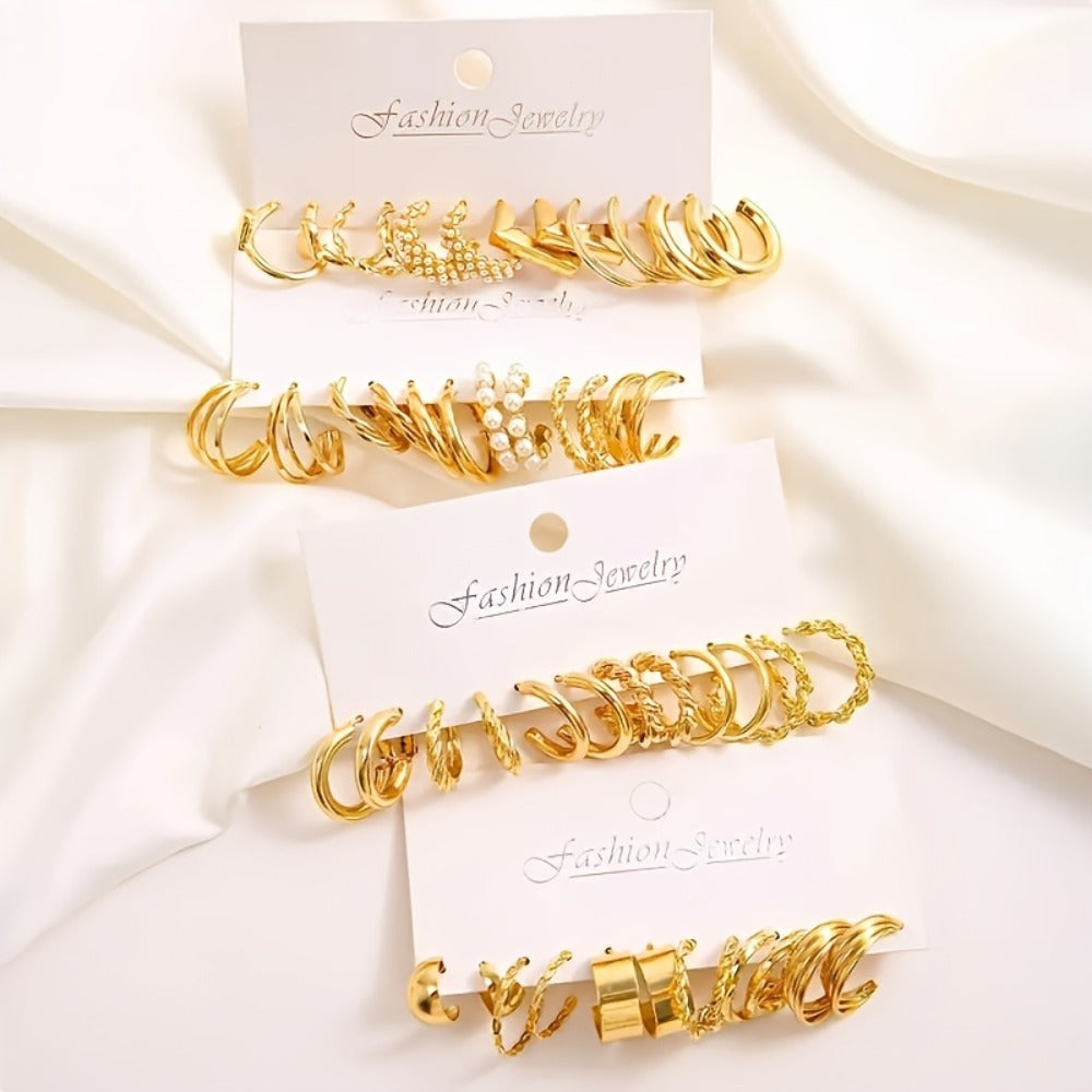 Stud Earrings for Women - Earring Set 48 Pairs Gold Geometric Twisted Heart Faux Pearl for Assorted - product detail view 6