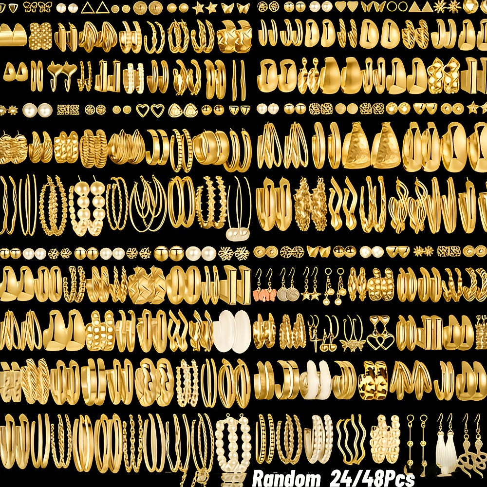Stud Earrings for Women - Earring Set for 48 Pairs Minimalist Gold Tone Alloy Hoop Mix - Casual - main product view