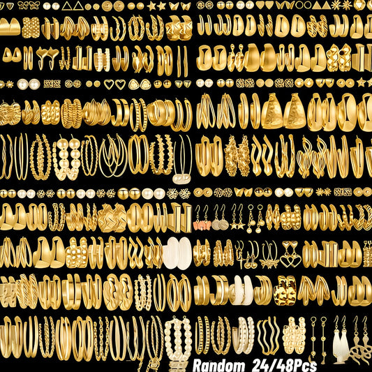 Stud Earrings for Women - Earring Set for 48 Pairs Minimalist Gold Tone Alloy Hoop Mix - Casual - main product view