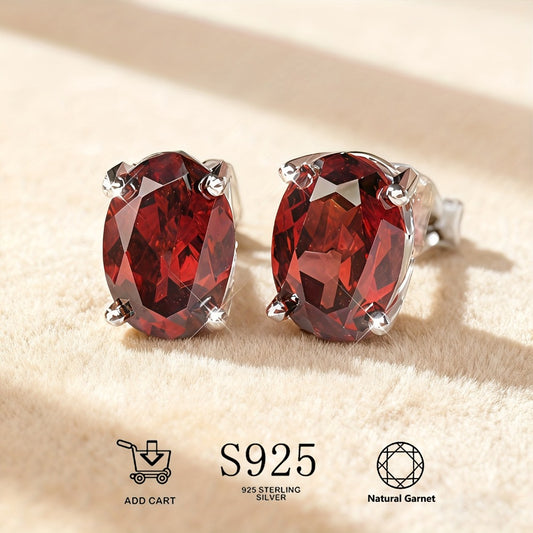 Stud Earrings for Women - Garnet 925 Sterling Silver Natural Stone Hypoallergenic January Birthstone - main product view