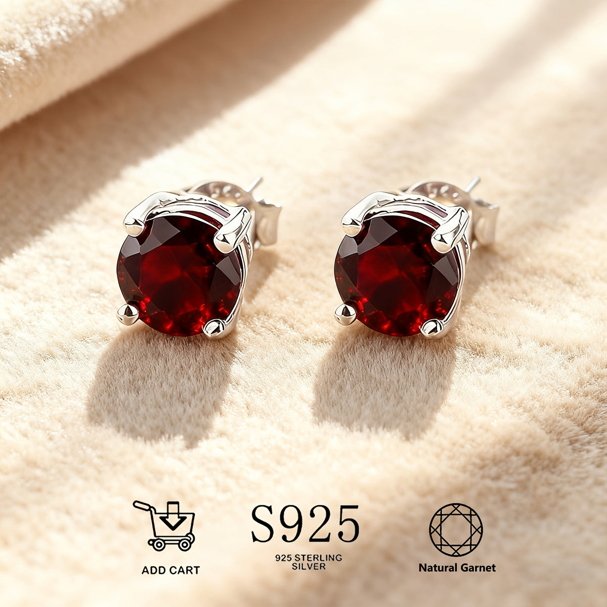 Stud Earrings for Women - Garnet 925 Sterling Silver Natural Stone Hypoallergenic January Birthstone - product detail view 11
