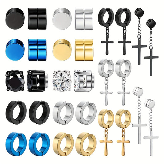 Stud Earrings for Women - Magnetic for Men 15 Pairs - Stainless Steel Clip-On Non-Piercing , CZ Hoop - main product view