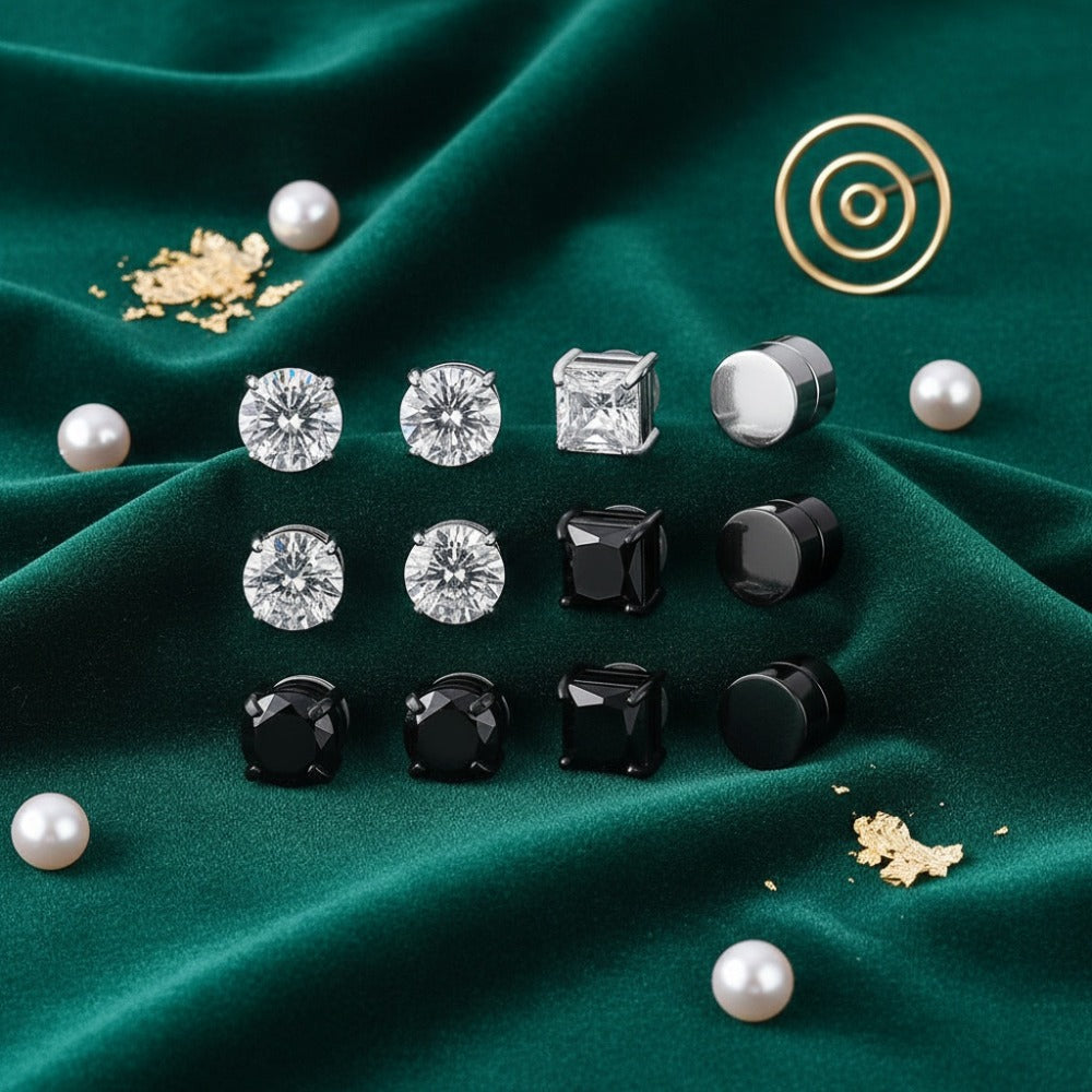 Stud Earrings for Women - Magnetic for Men Multi-Pack - Round Square Embellished Non-Piercing Ear - product detail view 9