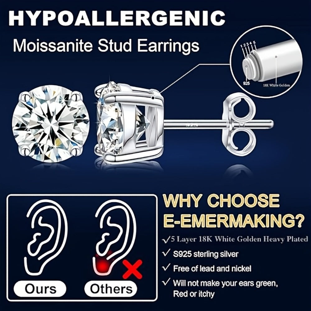 Stud Earrings for Women - Moissanite 18K Gold Plated 925 Sterling Silver D Color VVS1 Brilliant - product detail view 11