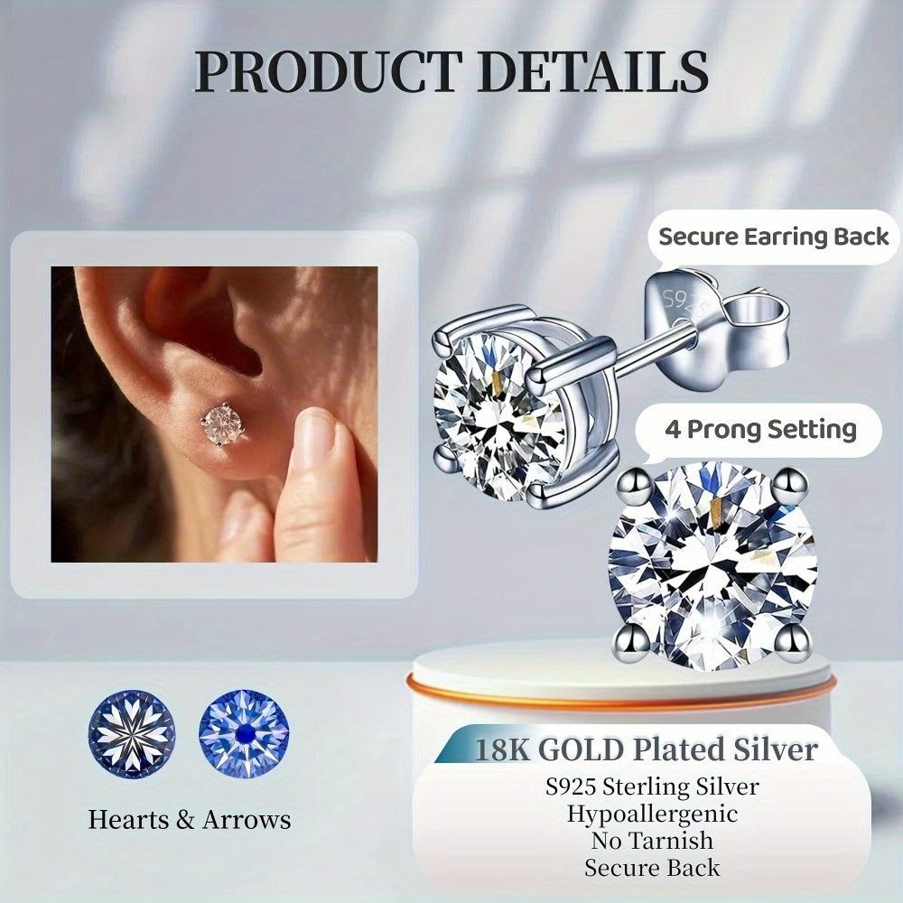 Stud Earrings for Women - Moissanite 925 Sterling Silver - D Color VVS Clarity Brilliant Round Cut - product detail view 2