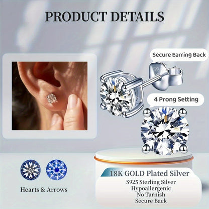 Stud Earrings for Women - Moissanite 925 Sterling Silver - D Color VVS Clarity Brilliant Round Cut - product detail view 2